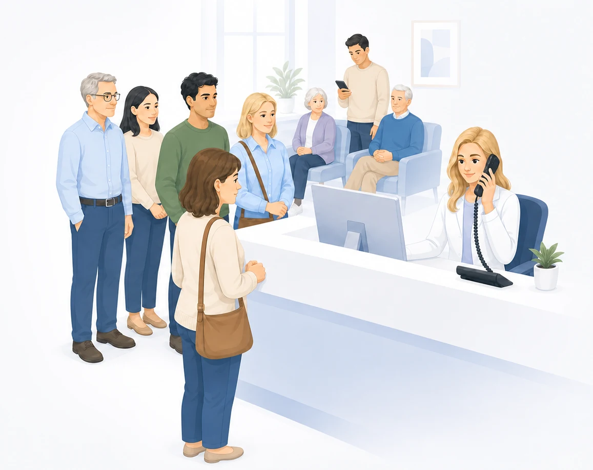 Illustration einer Klinikmitarbeiterin am Telefon, während Patientinnen und Patienten am Empfang warten