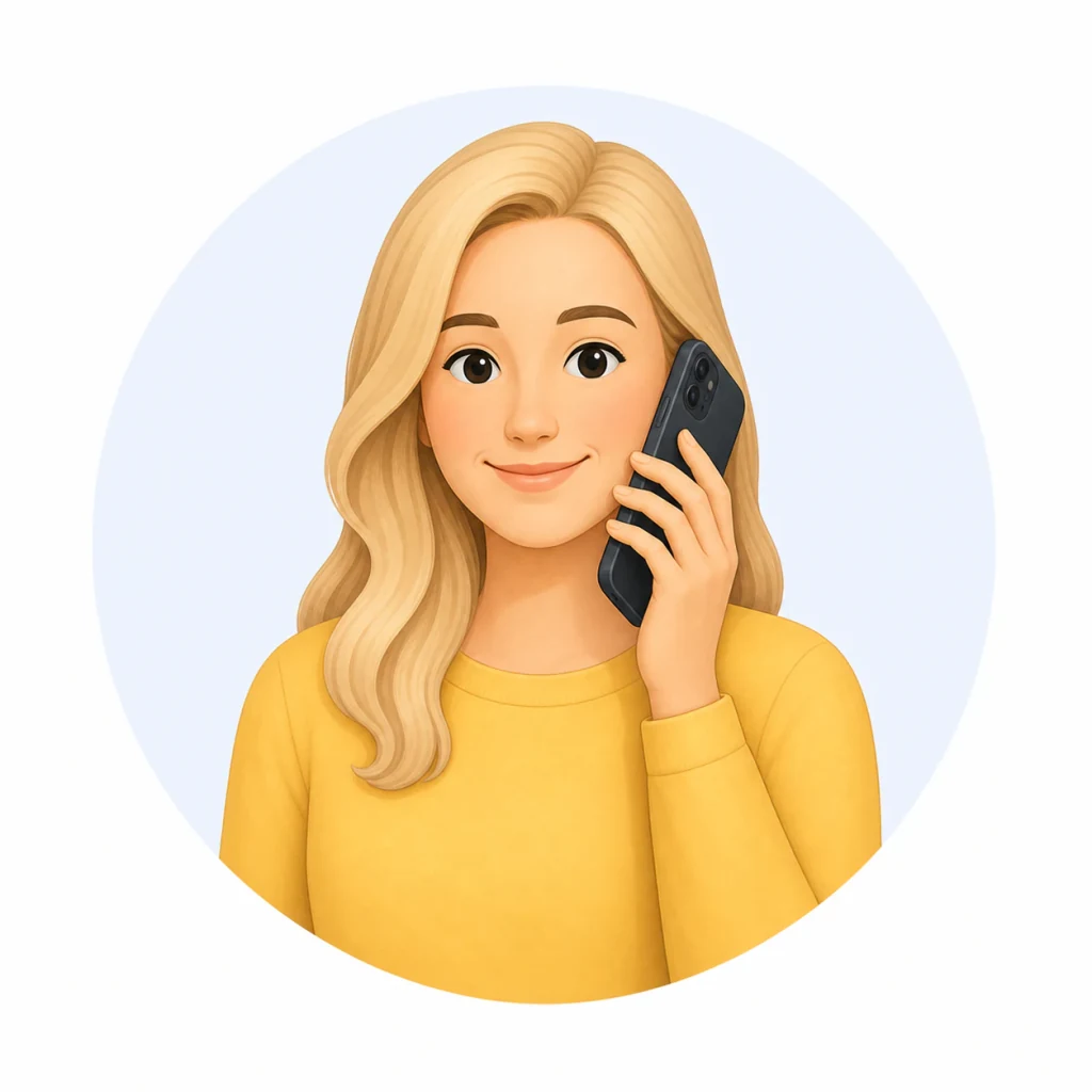 Eine blonde Frau hält ein Smartphone ans Ohr